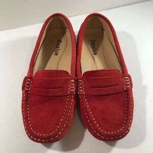 Osslue Womens Red Suede Leather Casual Shoe Loafer Bottom Grips